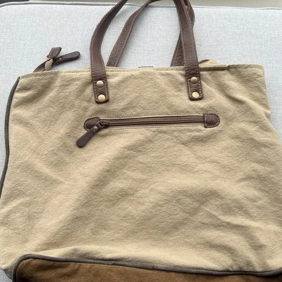 Myra Tote Bag Brown Le Cafe De La Place Provence Cotton and Leather - Picture 14 of 14